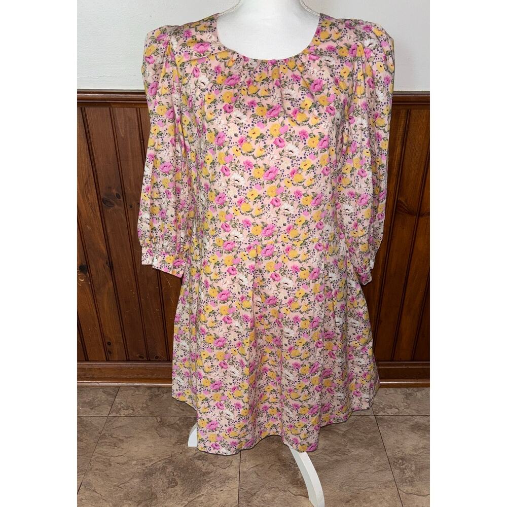 NWT Womens En Saison Pink Floral Seersucker Mini Dress Pockets‎ Open Back Size S